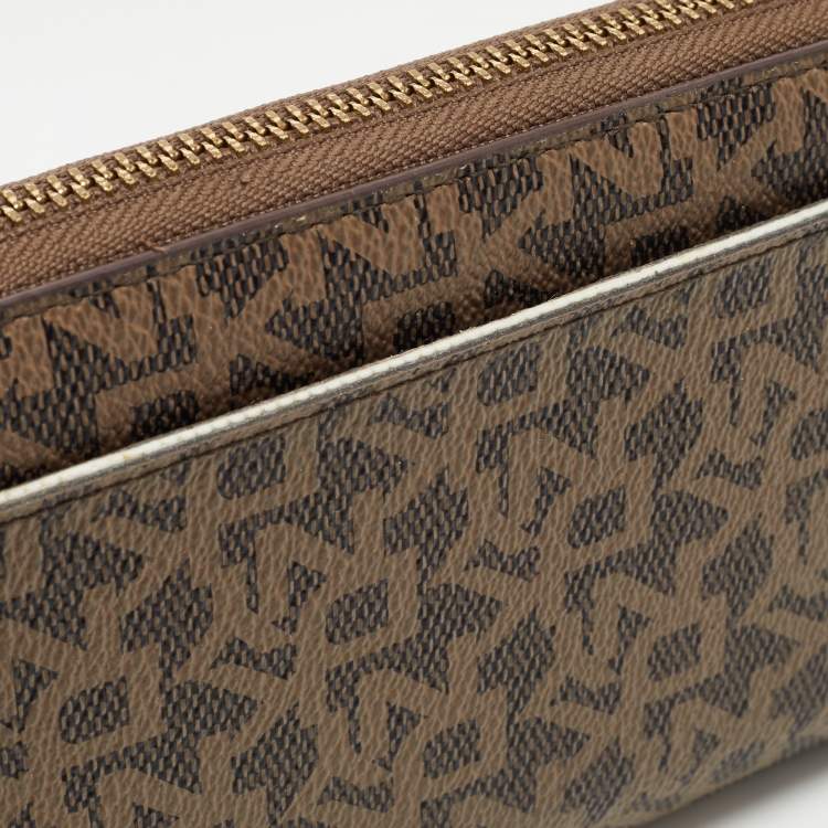 Pre Owned DKNY Brown Signature Coated Canvas Zip Around Continental Wallet