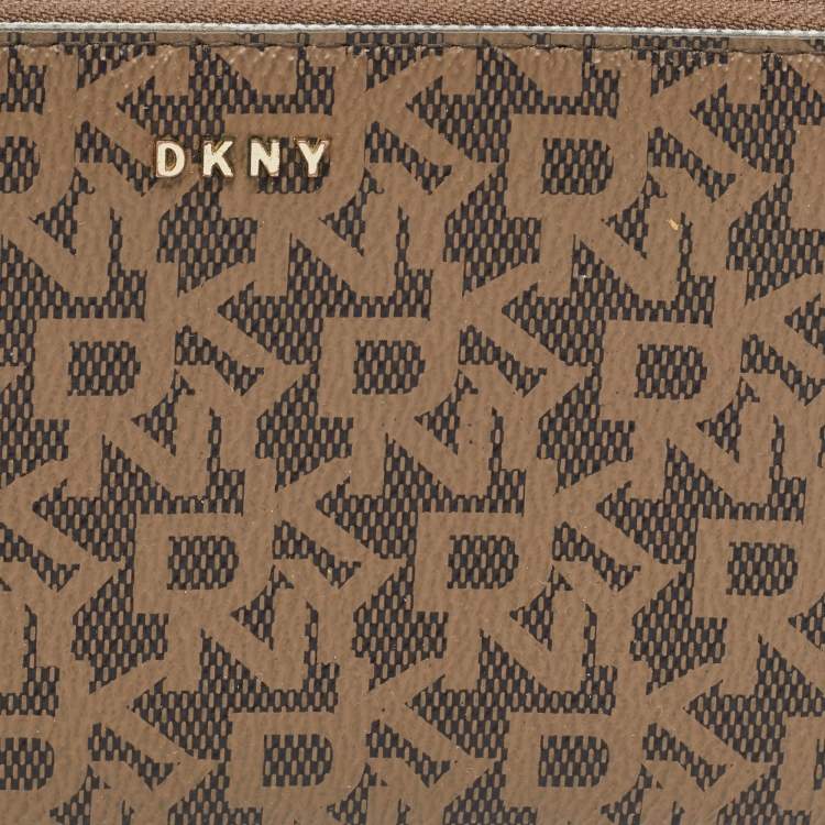 Pre Owned DKNY Brown Signature Coated Canvas Zip Around Continental Wallet