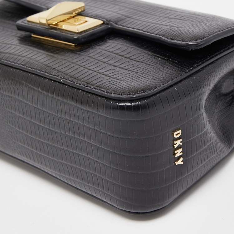 Pre Owned DKNY Black Lizard Embossed Leather Mini Flap Chain Shoulder Bag