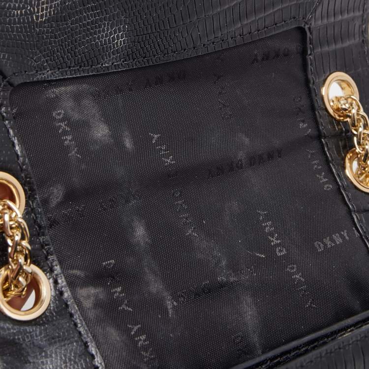 Pre Owned DKNY Black Lizard Embossed Leather Mini Flap Chain Shoulder Bag