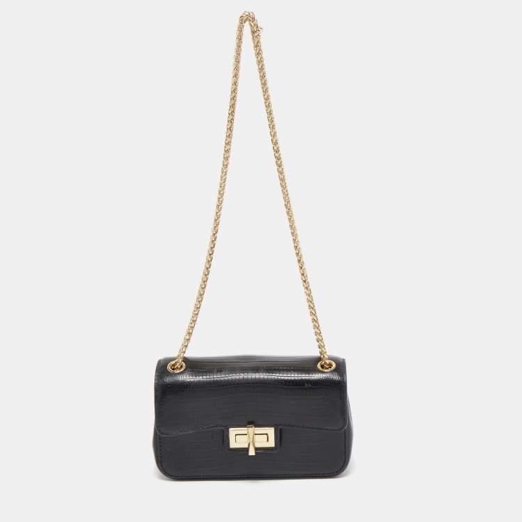 Pre Owned DKNY Black Lizard Embossed Leather Mini Flap Chain Shoulder Bag