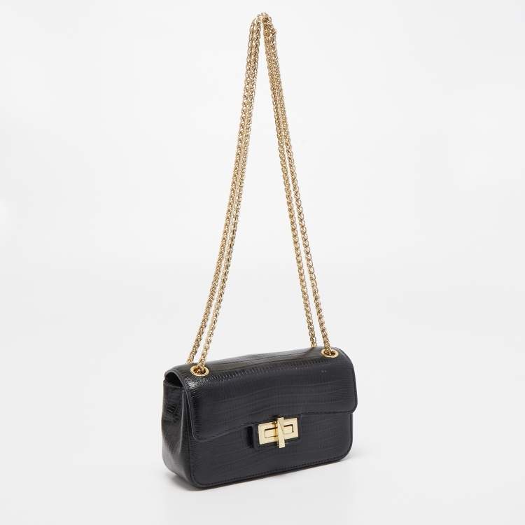 Pre Owned DKNY Black Lizard Embossed Leather Mini Flap Chain Shoulder Bag