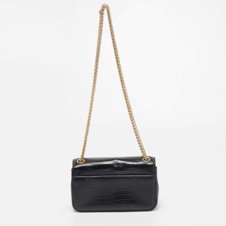 Pre Owned DKNY Black Lizard Embossed Leather Mini Flap Chain Shoulder Bag