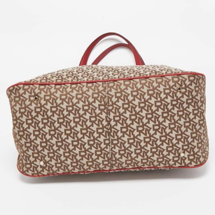 Pre Owned DKNY Red/Beige Signature Canvas and Leather Large Zip Tote