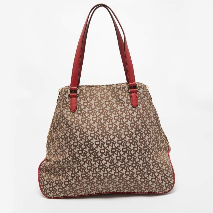 Pre Owned DKNY Red/Beige Signature Canvas and Leather Large Zip Tote