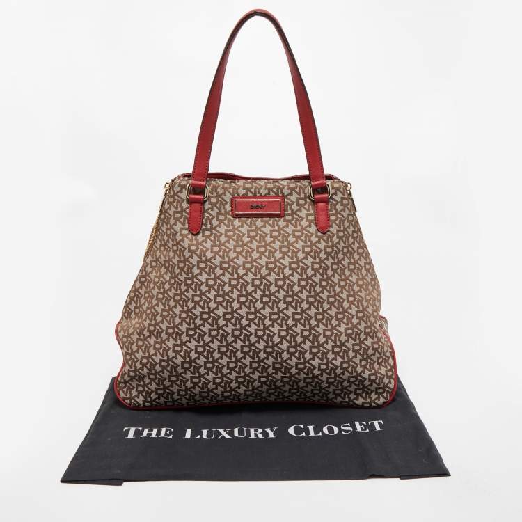 Pre Owned DKNY Red/Beige Signature Canvas and Leather Large Zip Tote