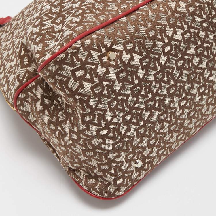 Pre Owned DKNY Red/Beige Signature Canvas and Leather Large Zip Tote