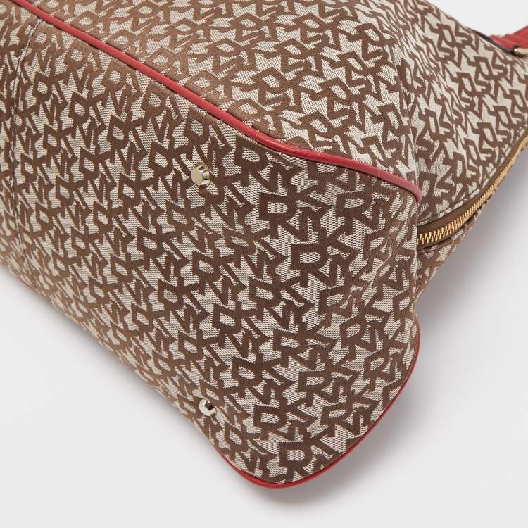 Pre Owned DKNY Red/Beige Signature Canvas and Leather Large Zip Tote
