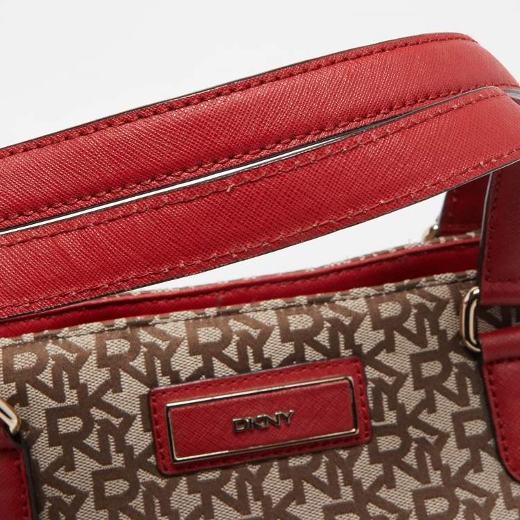 Pre Owned DKNY Red/Beige Signature Canvas and Leather Large Zip Tote