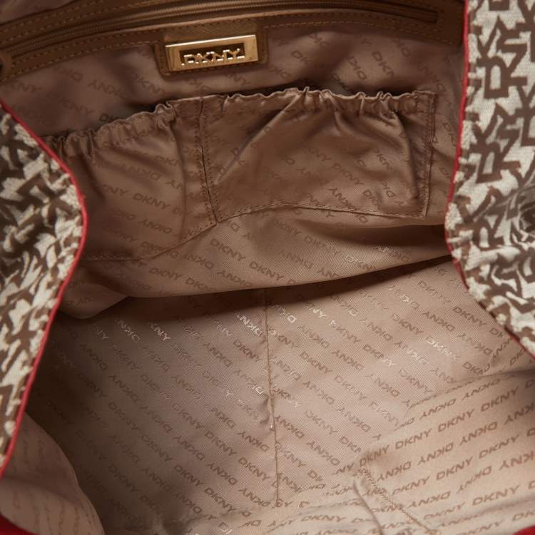 Pre Owned DKNY Red/Beige Signature Canvas and Leather Large Zip Tote