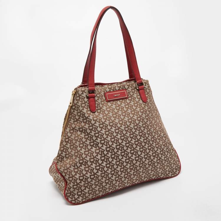Pre Owned DKNY Red/Beige Signature Canvas and Leather Large Zip Tote