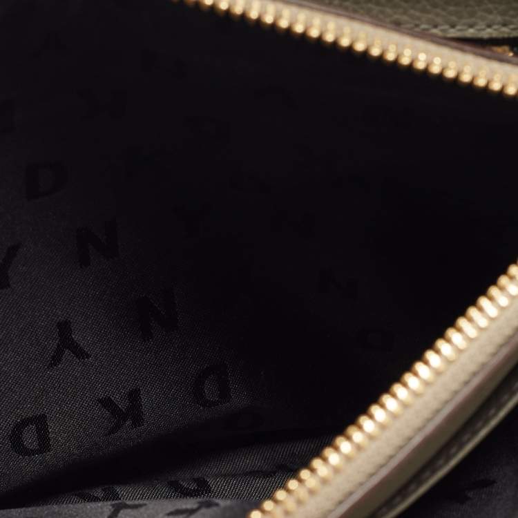 Pre Owned DKNY Grey/Off White Signature Coated Canvas and Leather Padlock Charm Satchel