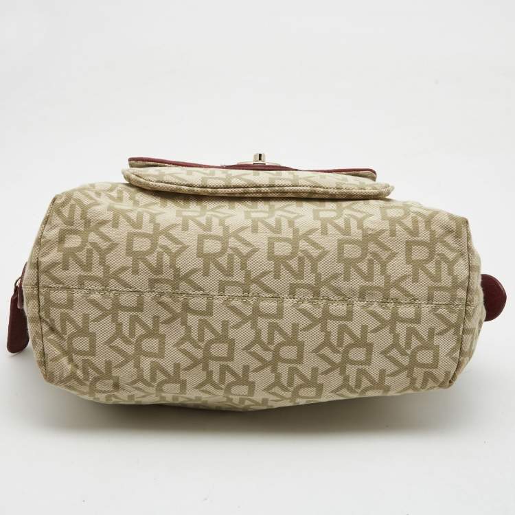 Pre Owned DKNY Red/Beige Monogram Canvas and Leather Turnlock Pocket Satchel