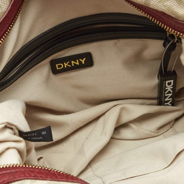 Pre Owned DKNY Red/Beige Monogram Canvas and Leather Turnlock Pocket Satchel