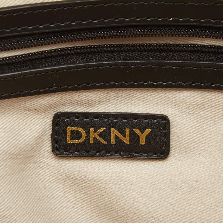 Pre Owned DKNY Red/Beige Monogram Canvas and Leather Turnlock Pocket Satchel