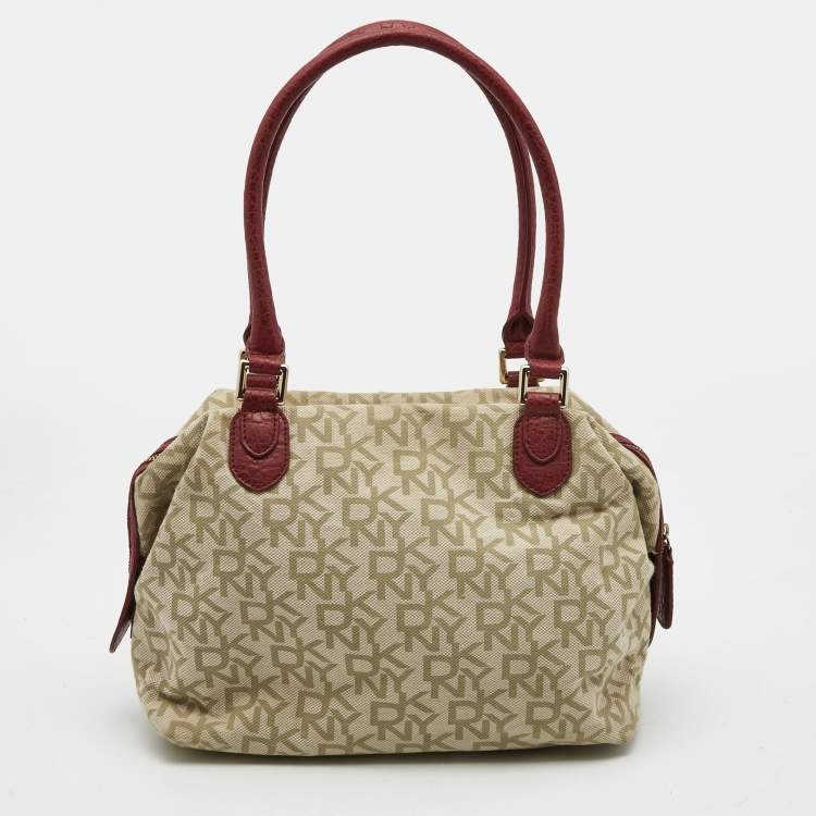Pre Owned DKNY Red/Beige Monogram Canvas and Leather Turnlock Pocket Satchel
