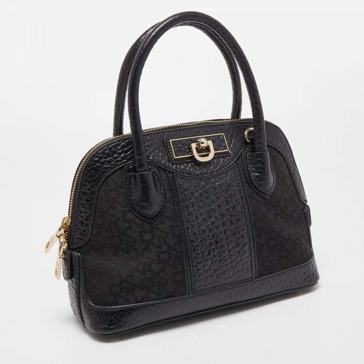 Pre Owned Dkny Grey/Black Monogram Canvas and Leather Dome Satchel