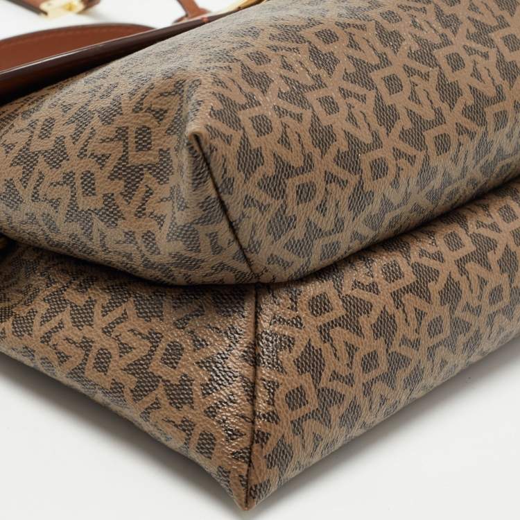 Pre Owned DKNY Brown Monogram Coated Canvas and Leather Logo Flap Top Handle Bag