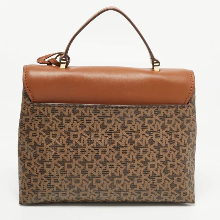 Pre Owned DKNY Brown Monogram Coated Canvas and Leather Logo Flap Top Handle Bag