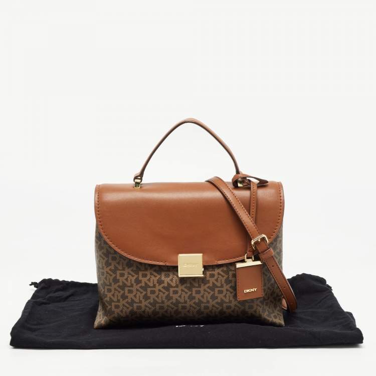 Pre Owned DKNY Brown Monogram Coated Canvas and Leather Logo Flap Top Handle Bag