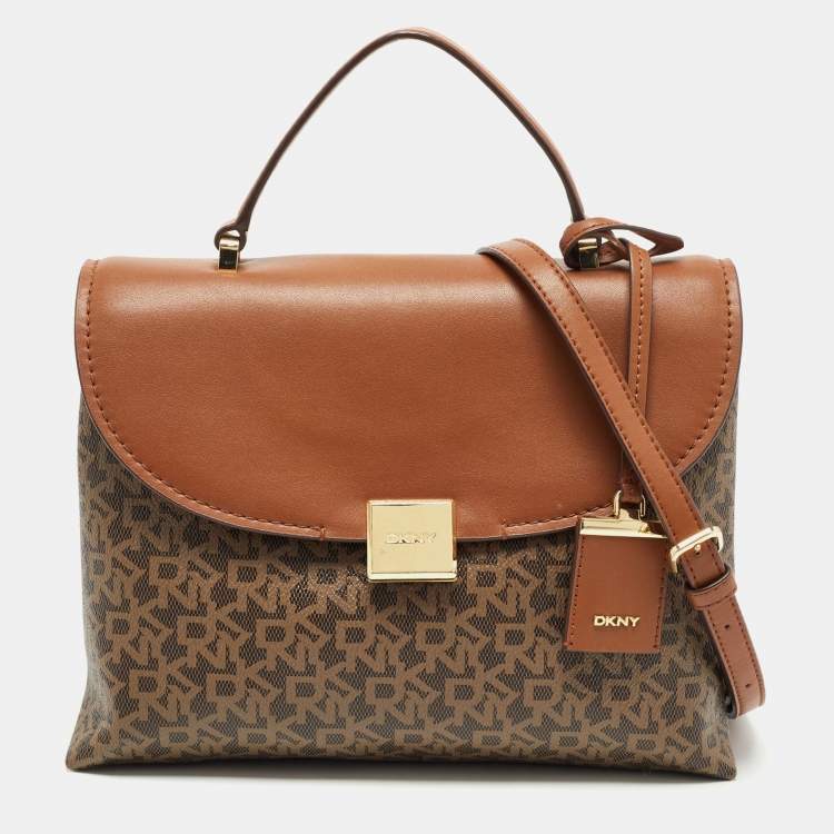 Pre Owned DKNY Brown Monogram Coated Canvas and Leather Logo Flap Top Handle Bag