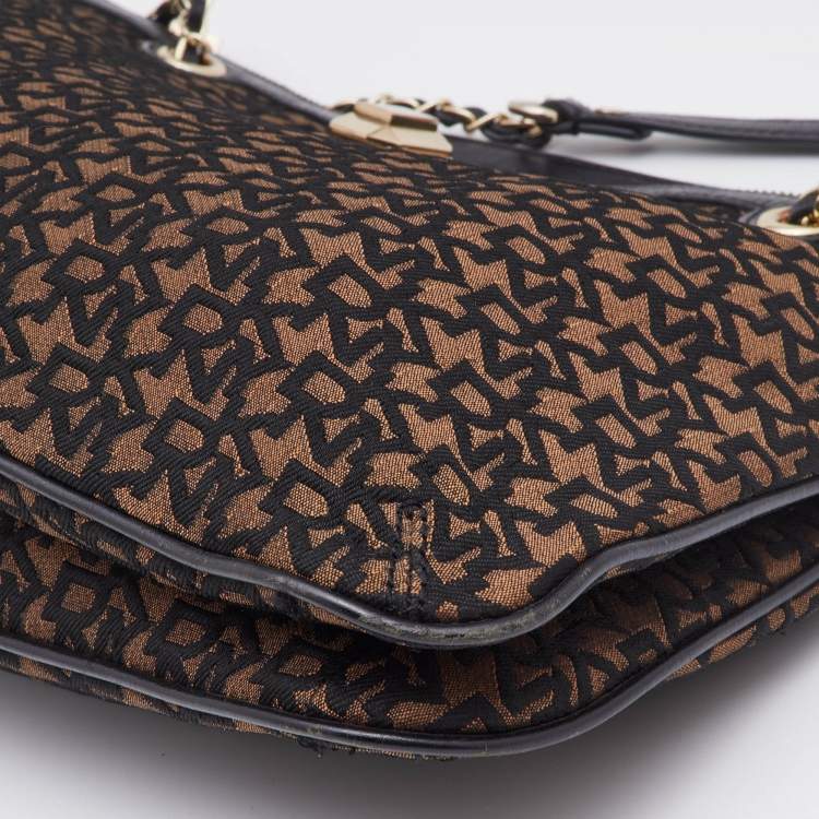 Pre Owned DKNY Brown/Black Signature Canvas and Leather Chain Shoulder Bag