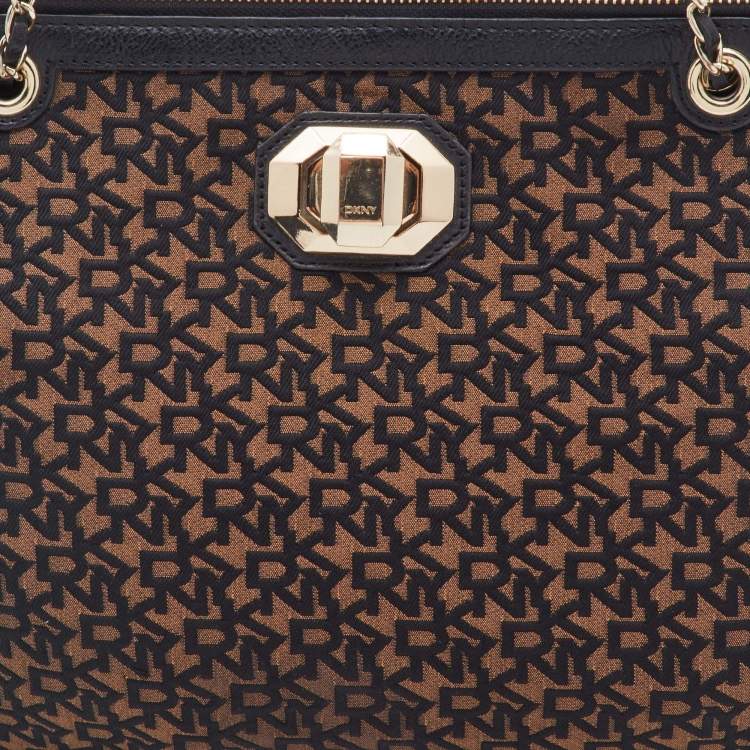 Pre Owned DKNY Brown/Black Signature Canvas and Leather Chain Shoulder Bag