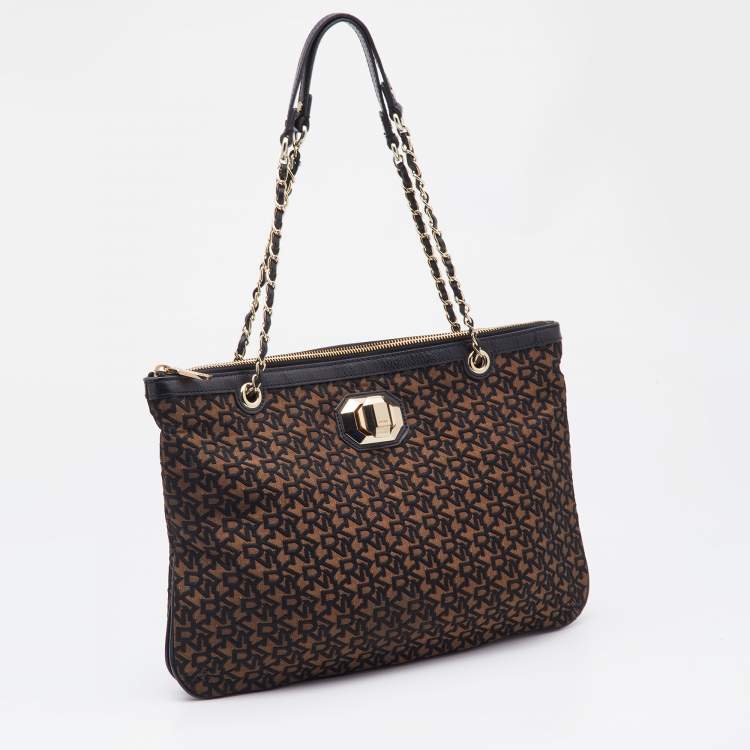 Pre Owned DKNY Brown/Black Signature Canvas and Leather Chain Shoulder Bag