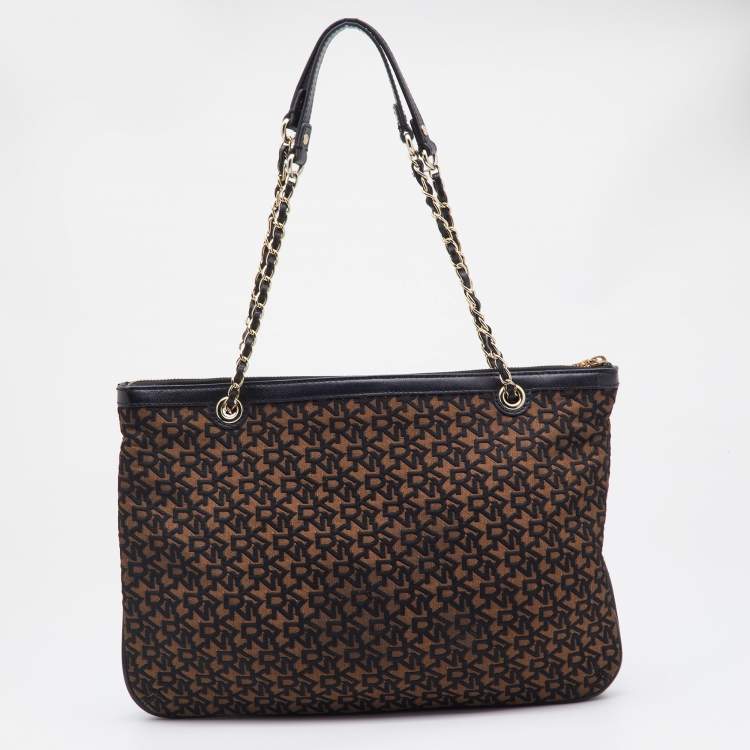 Pre Owned DKNY Brown/Black Signature Canvas and Leather Chain Shoulder Bag