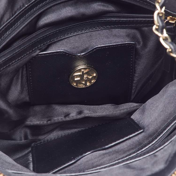Pre Owned DKNY Brown/Black Signature Canvas and Leather Chain Shoulder Bag