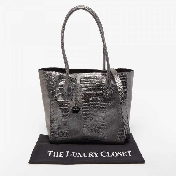 Pre Owned DKNY Metallic Dark Grey Lizard Embossed Leather Tote