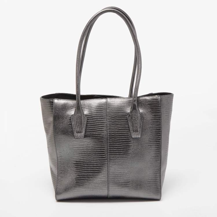 Pre Owned DKNY Metallic Dark Grey Lizard Embossed Leather Tote