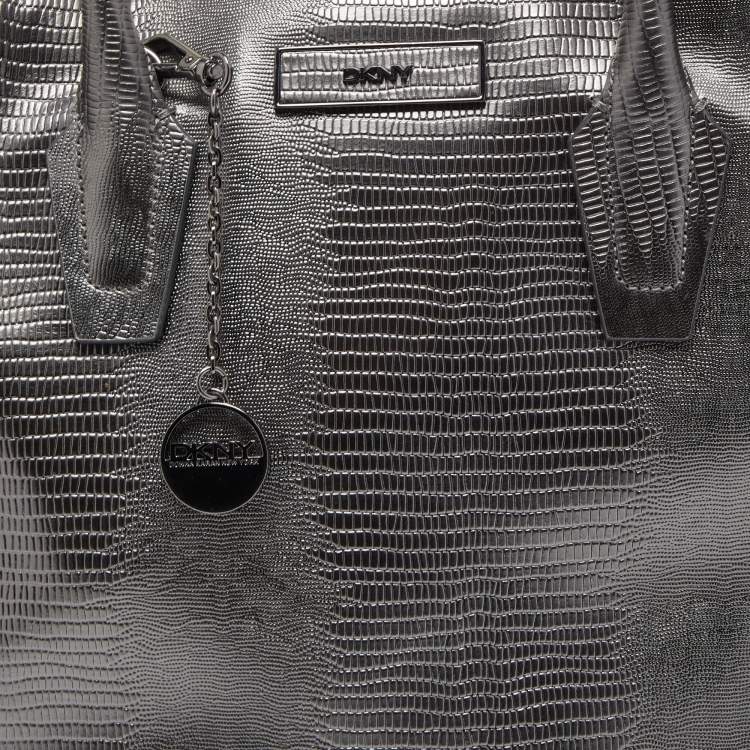 Pre Owned DKNY Metallic Dark Grey Lizard Embossed Leather Tote