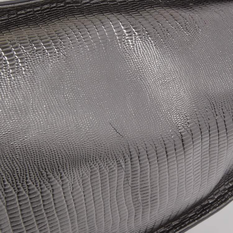 Pre Owned DKNY Metallic Dark Grey Lizard Embossed Leather Tote