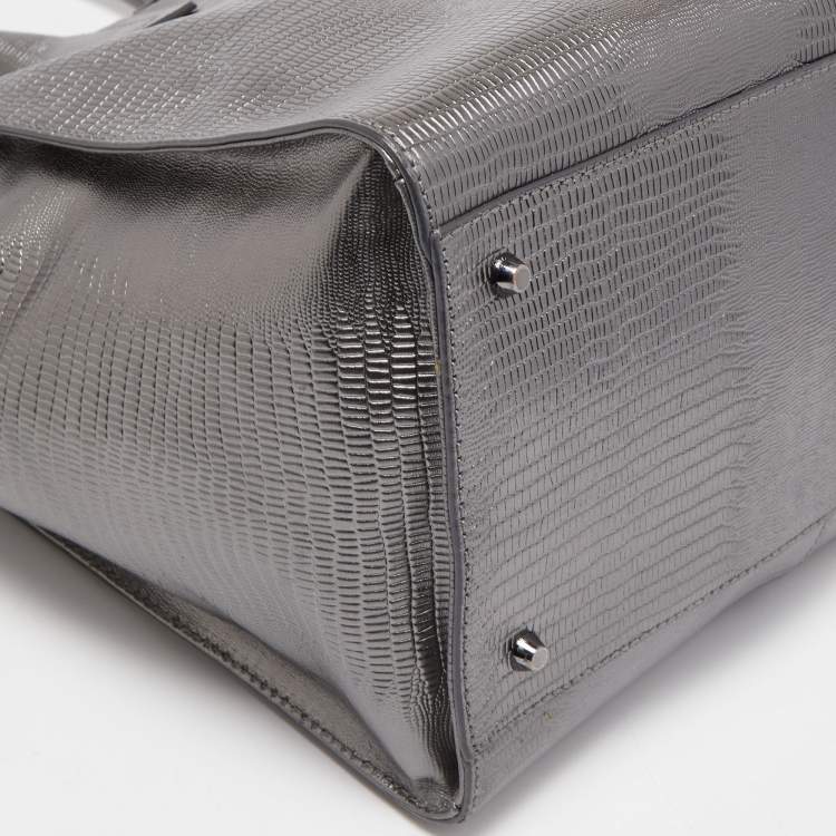Pre Owned DKNY Metallic Dark Grey Lizard Embossed Leather Tote