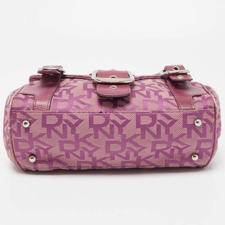 Pre Owned Dkny Magenta Signature Canvas and Lizard Embossed Leather Buckle Flap Satchel