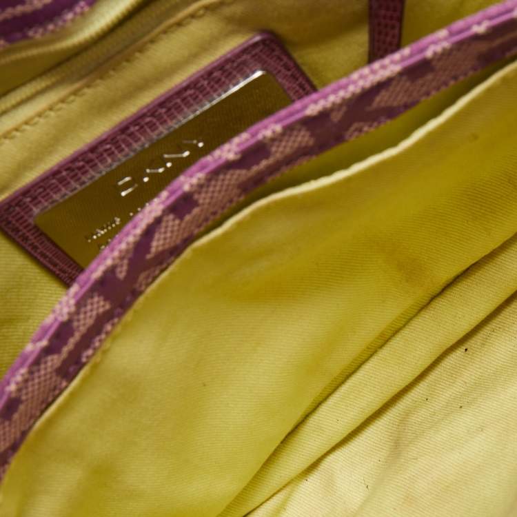 Pre Owned Dkny Magenta Signature Canvas and Lizard Embossed Leather Buckle Flap Satchel
