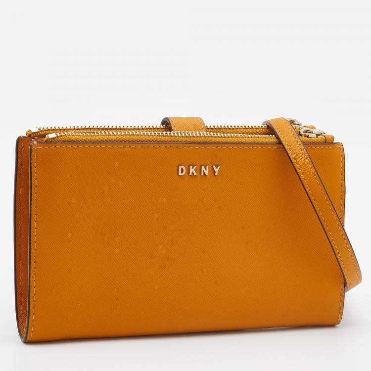 Pre Owned Dkny Mustard Leather Double Zip Crossbody Bag