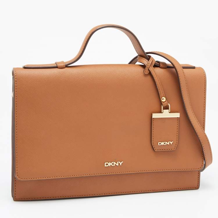 Pre Owned DKNY Brown Saffiano Leather Logo Flap Top Handle Bag
