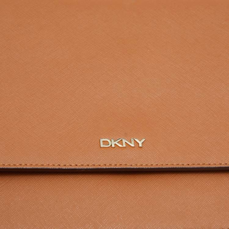 Pre Owned DKNY Brown Saffiano Leather Logo Flap Top Handle Bag