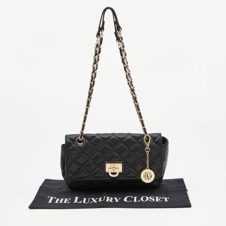 Pre Owned DKNY Black Quilted Leather Flap Shoulder Bag
