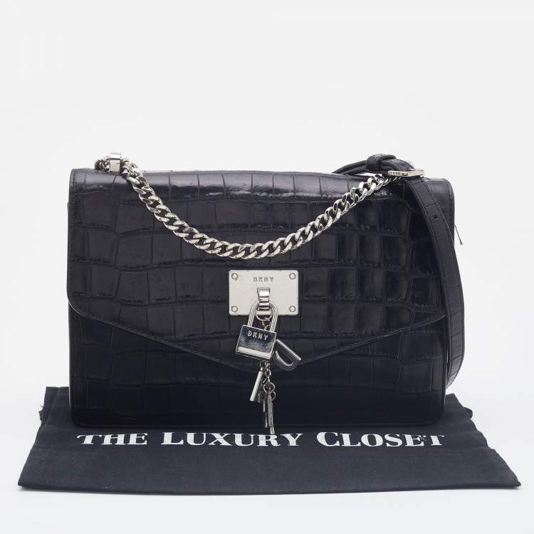 Pre Owned DKNY Black Croc Embossed Leather Elissa Shoulder Bag