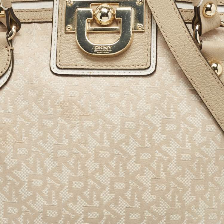 Pre Owned DKNY Cream/Beige Signature Canvas and Leather Dome Satchel
