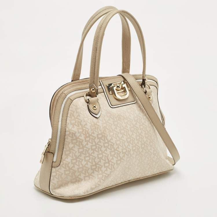 Pre Owned DKNY Cream/Beige Signature Canvas and Leather Dome Satchel