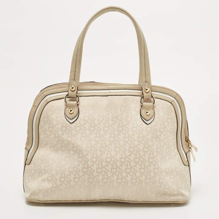 Pre Owned DKNY Cream/Beige Signature Canvas and Leather Dome Satchel