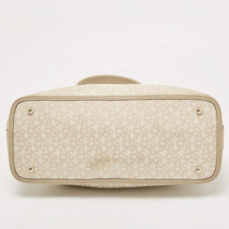 Pre Owned DKNY Cream/Beige Signature Canvas and Leather Dome Satchel
