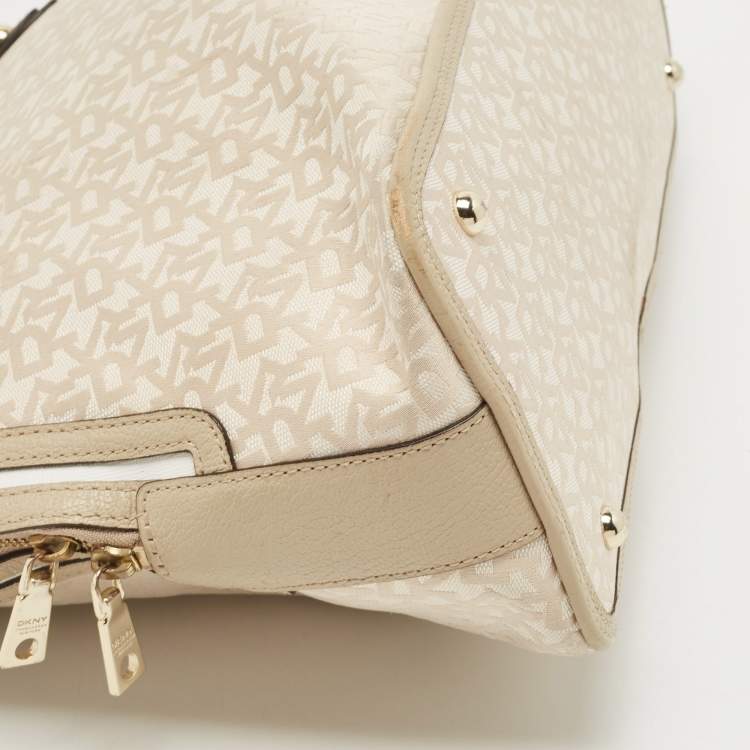 Pre Owned DKNY Cream/Beige Signature Canvas and Leather Dome Satchel