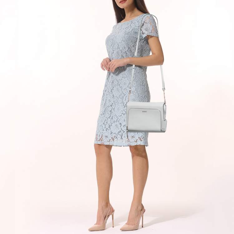 Pre Owned DKNY Grey Leather Front Zip Crossbody Bag
