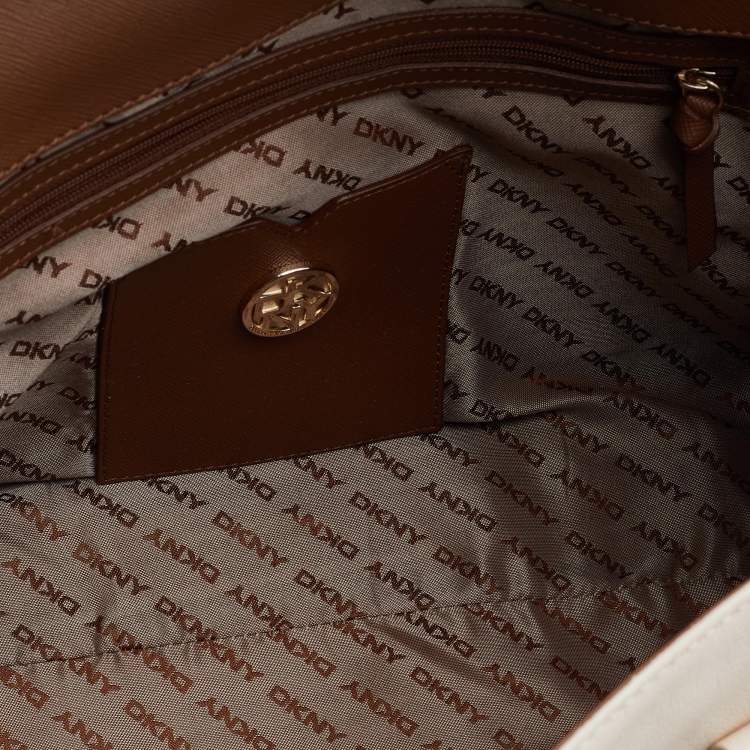 Pre Owned Dkny Off White Leather Flap Whipstitch Trim Tote