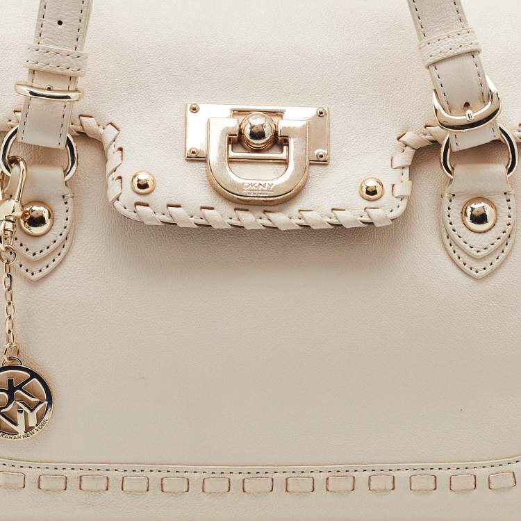 Pre Owned Dkny Off White Leather Flap Whipstitch Trim Tote